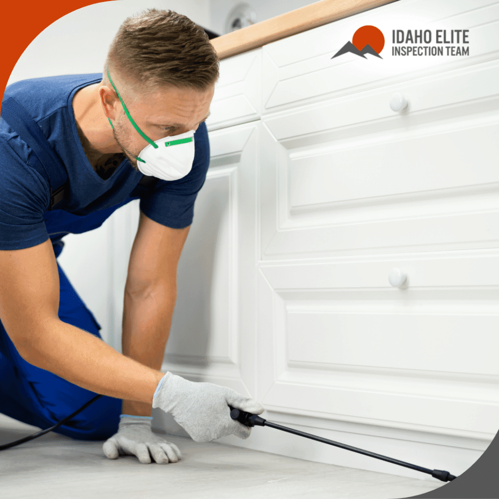 Pest control technician wearing protective gear spraying pesticide under kitchen cabinets.
