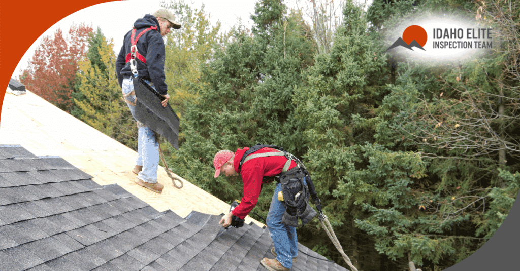 Two roof inspectors installing shingles on a roof with safety harnesses.