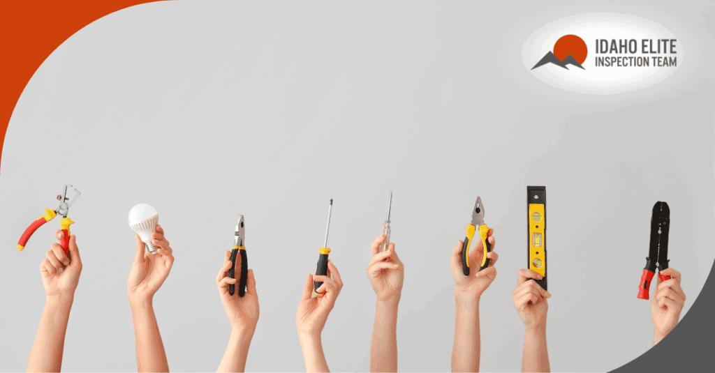 Multiple hands holding different inspection tools and a light bulb against a gray background.