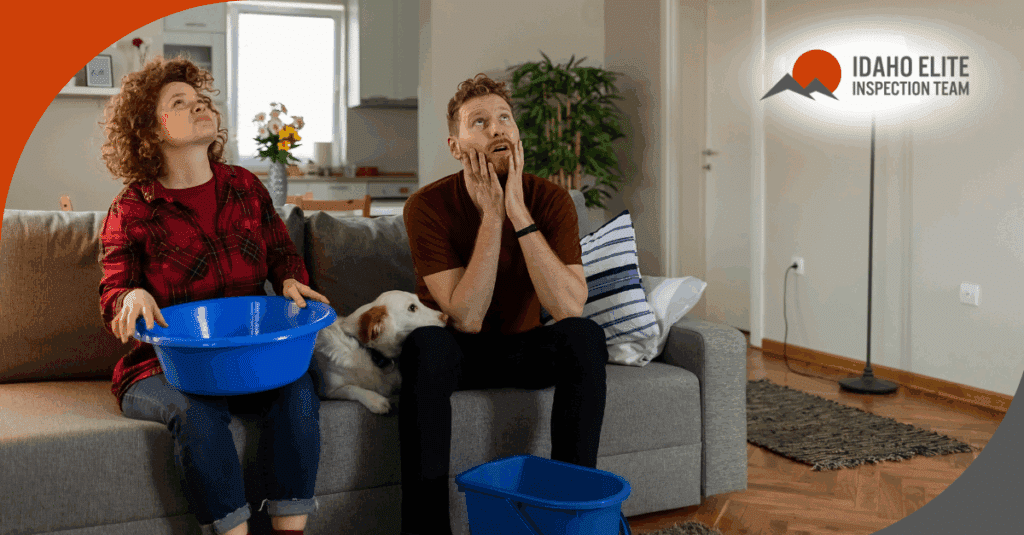 Couple sitting on a couch with buckets catching water leaking from the ceiling.