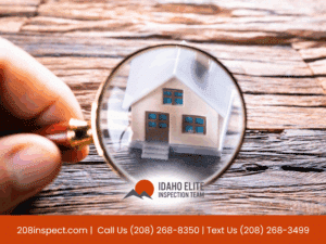 Magnifying glass focusing on a miniature house with Idaho Elite Inspection Team