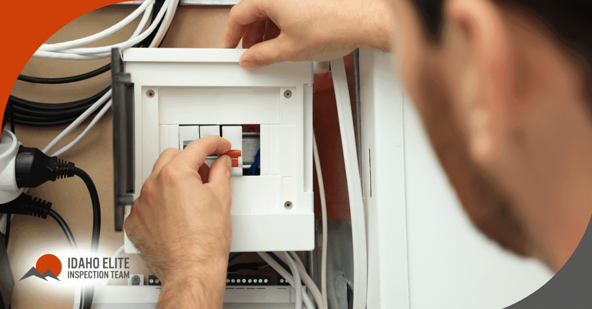 Home inspector working on a breaker panel during an electrical inspection.