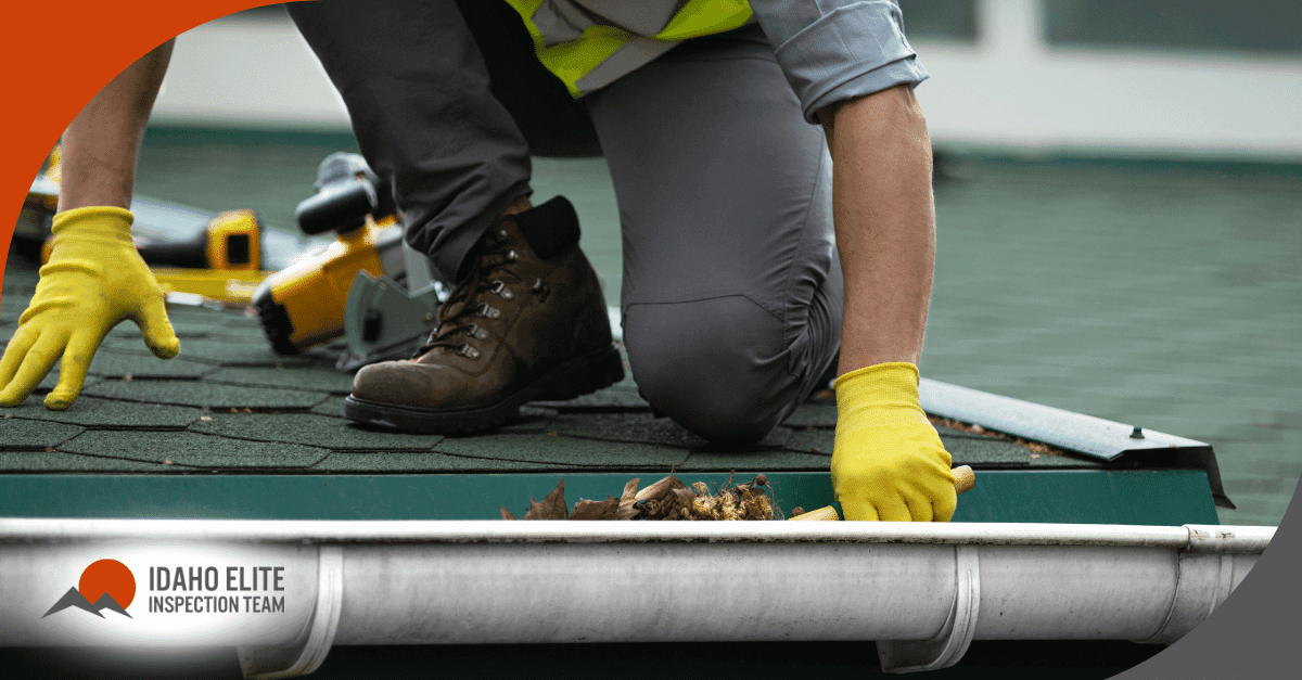 Inspector wearing gloves cleaning leaves from a roof gutter.