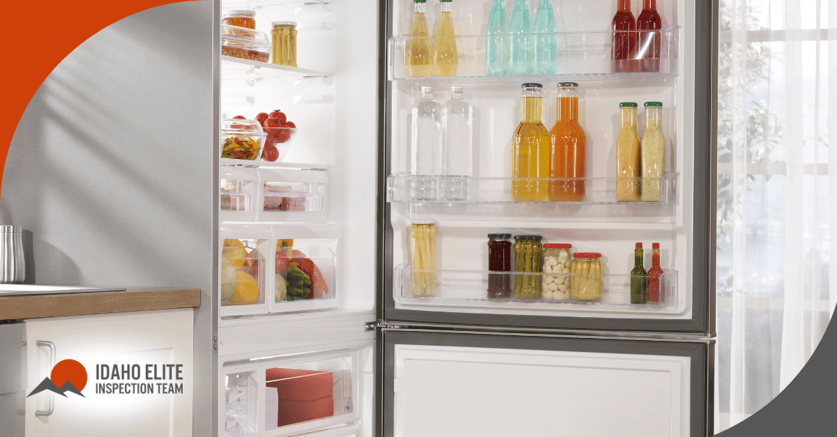 Open refrigerator filled with drinks, jars, and fresh produce.