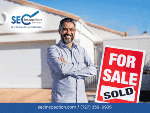 Home inspector in front of a 'For Sale' sign, showcasing SEC Inspection Services in Florida for real estate inspections.