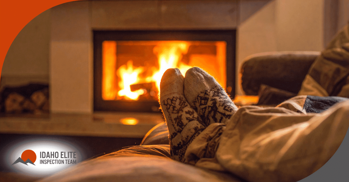 Person wearing patterned socks relaxing on a couch in front of a cozy fireplace.