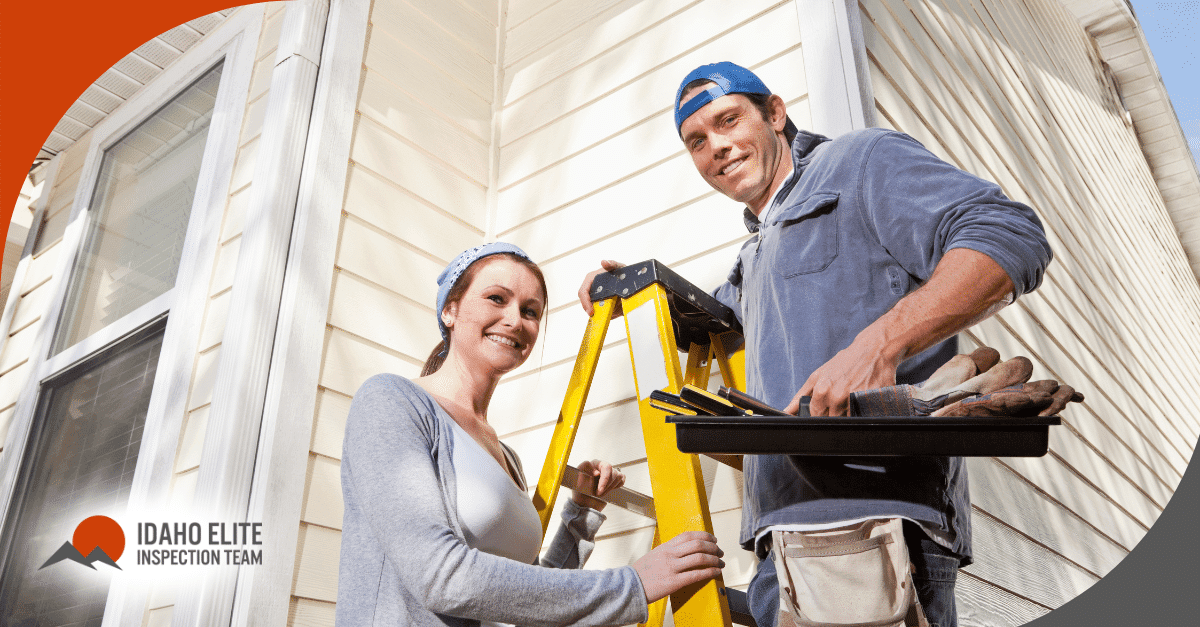 Couple doing exterior home maintenance with a ladder.