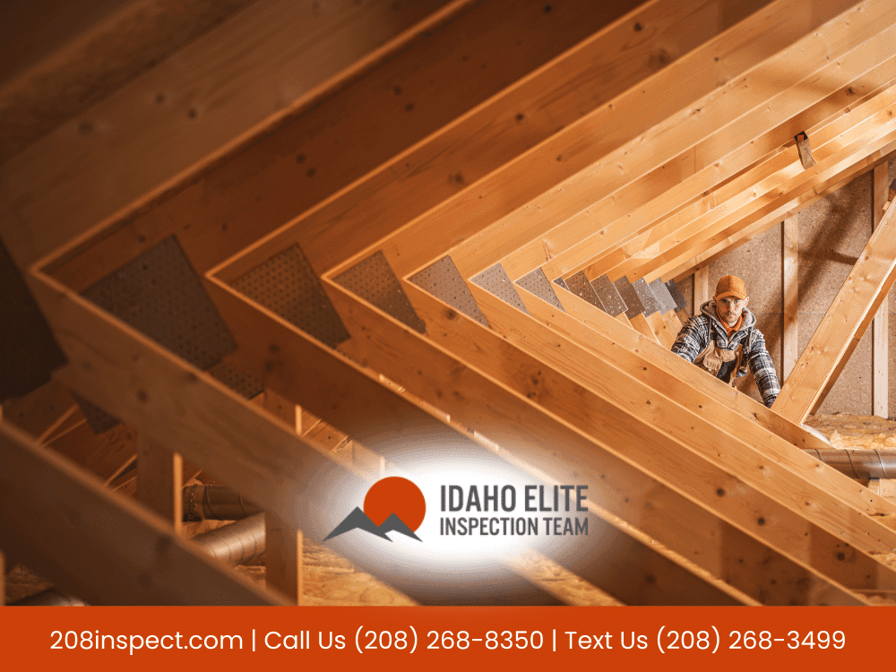Idaho Elite Inspection Team inspector examining attic framing and insulation inside a residential home roof structure