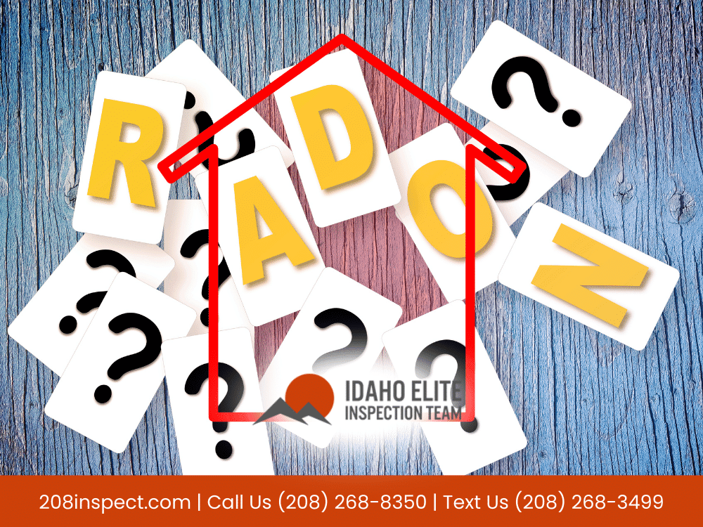 Radon awareness graphic with question marks and home outline concept.