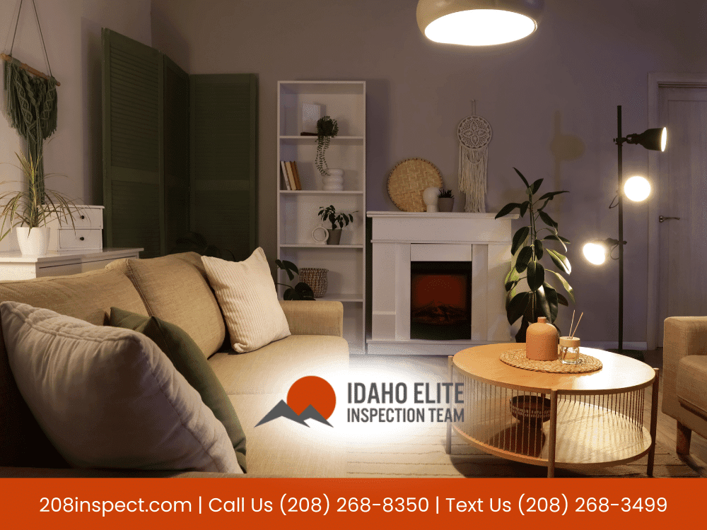 Idaho Elite Inspection Team - living room interior with fireplace and lighting in Idaho Falls ID home inspection