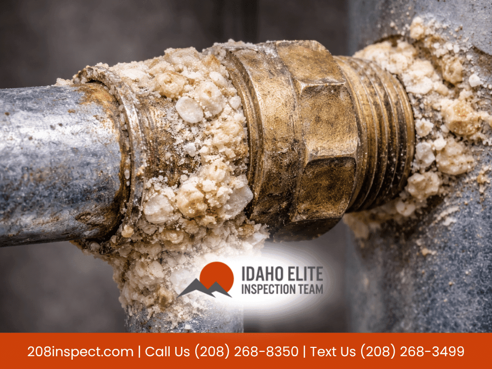 Close-up of corroded pipe joint with mineral buildup