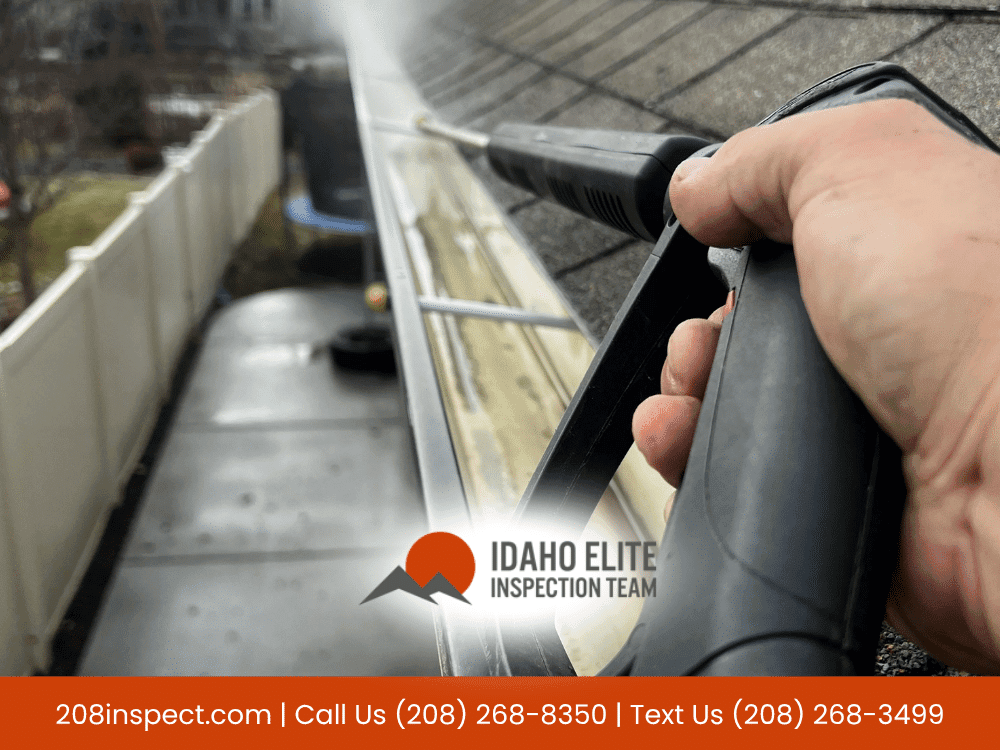 Power washing a gutter during a home inspection