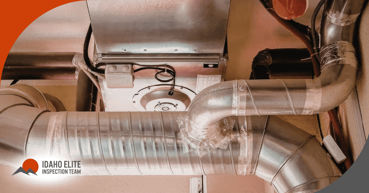 Metal ductwork with ventilation connections in a home ceiling