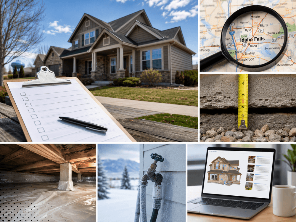 Home inspection checklist, Idaho Falls location map, foundation measurement, crawl space, freeze-prone hose bib, and digital inspection report illustrating what buyers should look for when hiring a home inspector in Idaho Falls