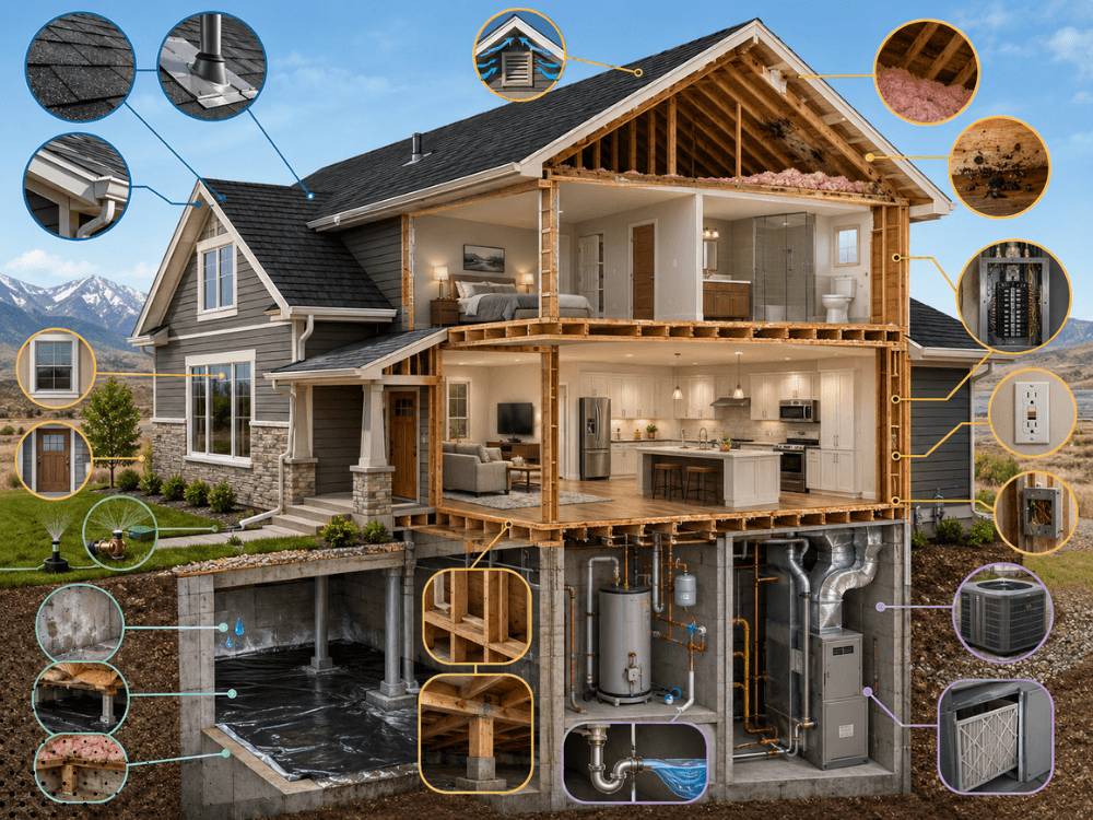Cutaway illustration of a home inspection showing roof, attic, electrical, plumbing, HVAC, crawl space, foundation, insulation, and exterior systems inspected during a comprehensive home inspection in Idaho Falls, Idaho.