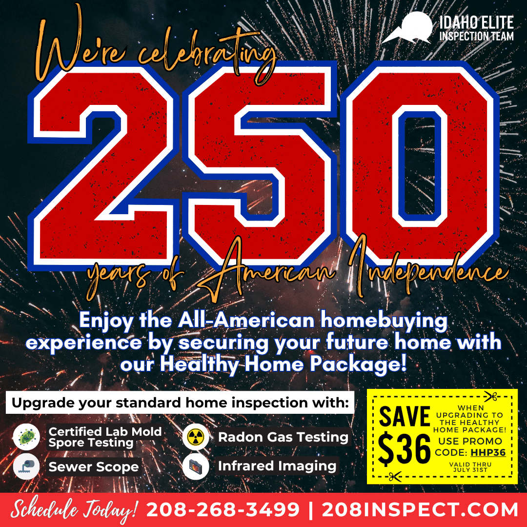 July 2026 promotional graphic for Idaho Elite Inspection Team featuring fireworks and patriotic colors, celebrating 250 years of American Independence. The image promotes $36 off the Healthy Home Package upgrade with promo code HHP36, valid through July 31, and highlights Certified Lab Mold Spore Testing, Radon Gas Testing, Sewer Scope, and Infrared Imaging