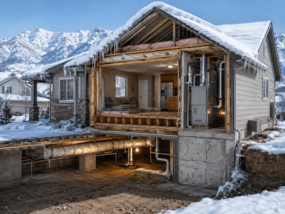 Eastern Idaho home inspection illustration showing heating system, crawl space, foundation, insulation, and winter weather conditions affecting Idaho homes.