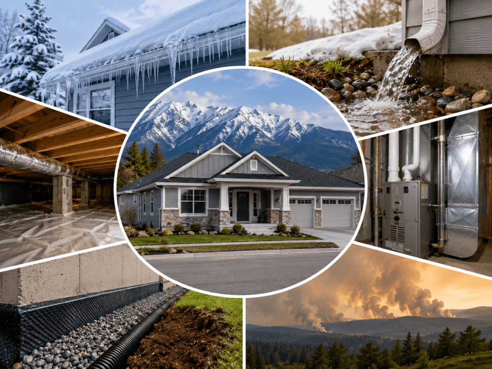Idaho home inspection showing winter weather, drainage, crawl space, HVAC, and roof conditions