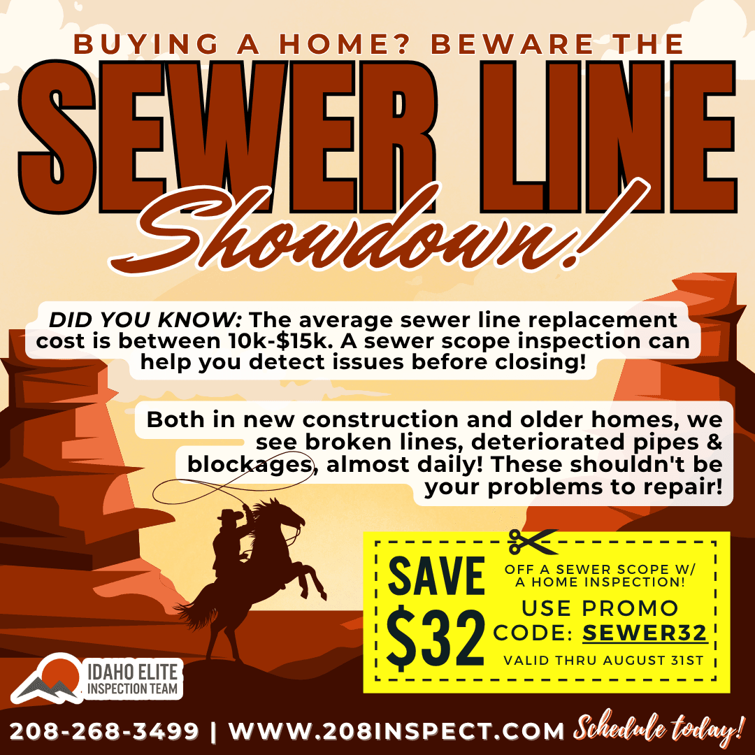 August 2026 promotional graphic for Idaho Elite Inspection Team featuring a Western desert theme and the headline "Beware the Sewer Line Showdown." The image promotes $32 off a sewer scope inspection with a home inspection using promo code SEWER32, valid through August 31, and highlights the importance of inspecting sewer lines before buying a home.
