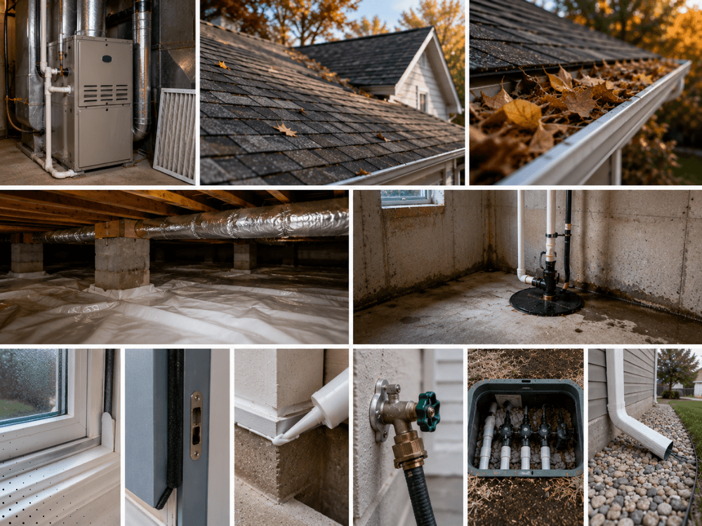 Home inspection collage showing HVAC, roof, crawl space, windows, plumbing, and drainage